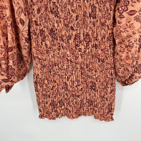 FREE PEOPLE Pink Floral Smocked Balloon Sleeve Square Neck Mini Dress Size Small - Picture 7 of 11